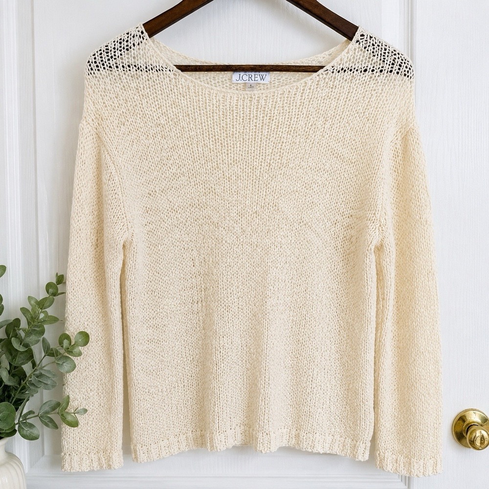 J.Crew Montauk Relaxed Open Knit Sweater Antique White Size S Cotton Blend